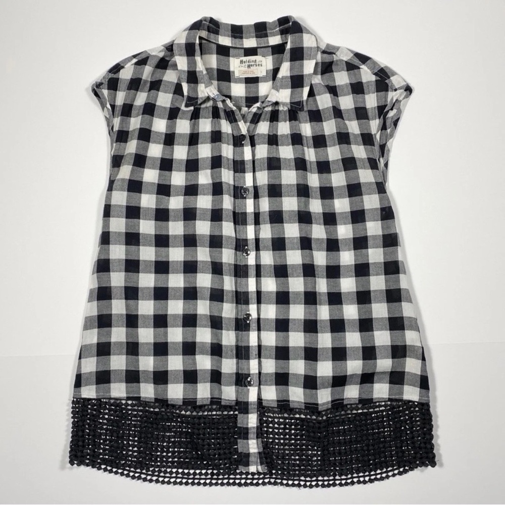 Anthropologie Womens Holding Horses Nellie Top SzS Black White Gingham ButtonUp